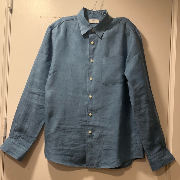 NWT Uniqlo premium French linen blue button down shirt full sleeves Mens S / M - Picture 4 of 7